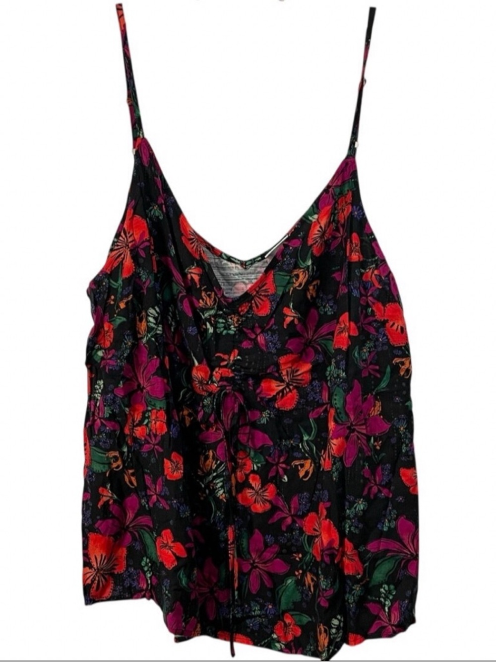 Ava & Viv Black Floral V-Neck Camisole with Pink, Red & Green Accents